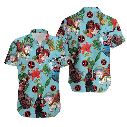 NoClaws NoClaws Deadpool Hawaii Shirt Marvel Funny Deadpool With Unicorn Ice Cream Pattern Hawaiian Shirt Blue Unisex
