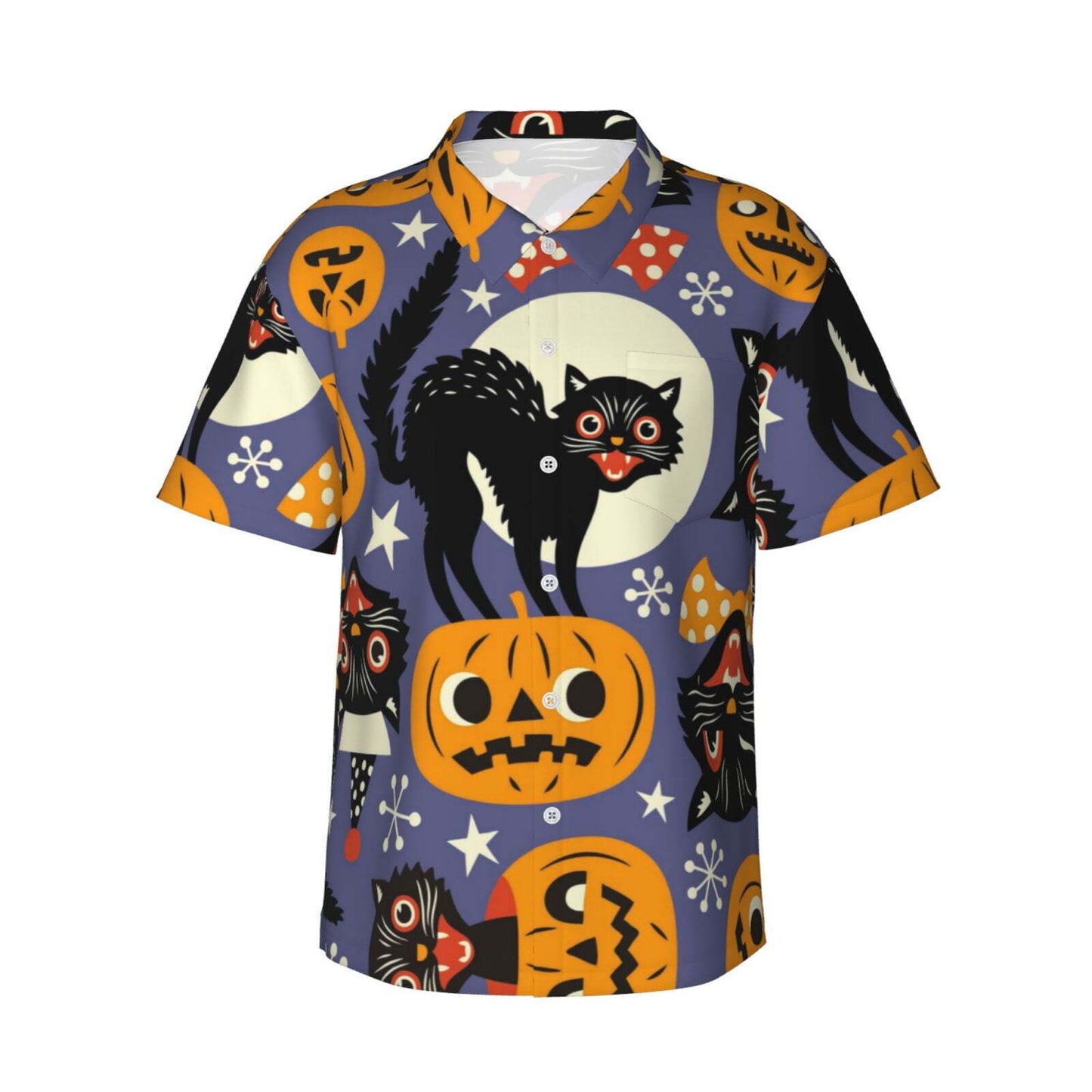NoClaws Halloween Hawaii Shirt Spooky Cats And Halloween Pumpkins Hawaiian Shirt Orange Blue Unisex