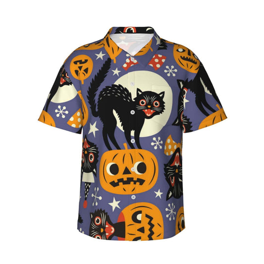 NoClaws Halloween Hawaii Shirt Spooky Cats And Halloween Pumpkins Hawaiian Shirt Orange Blue Unisex