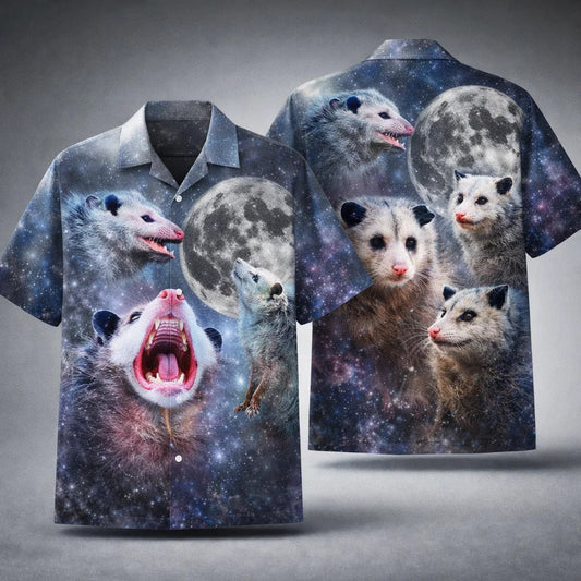 Opossum Galaxy Hawaiian Shirt, Funny Space Animal Aloha Shirt, Moon Night Sky Shirt