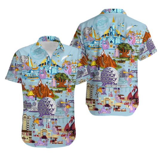 NoClaws Disney Hawaii Shirt All Disney Attractions Figment Pattern Hawaiian Shirt Colorful Unisex