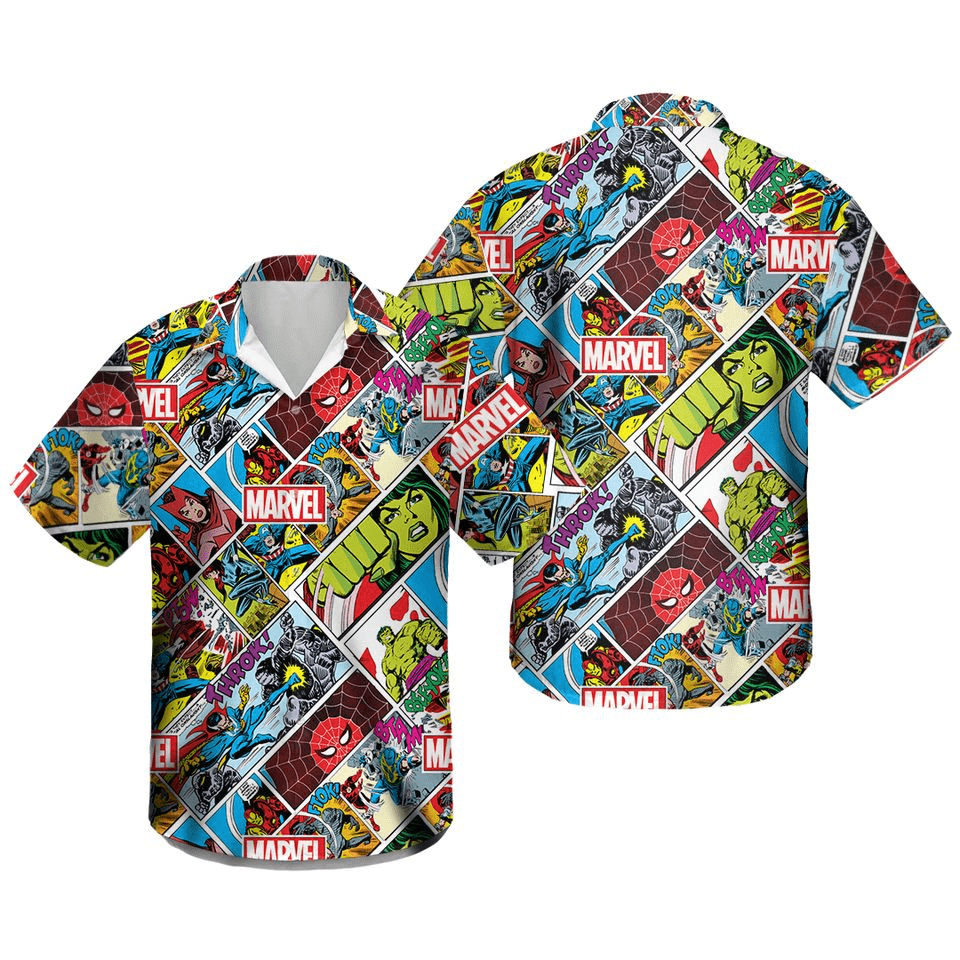 NoClaws NoClaws Marvel Hawaii Shirt Marvel Avengers Comic Book Pattern Hawaiian Shirt Colorful Unisex