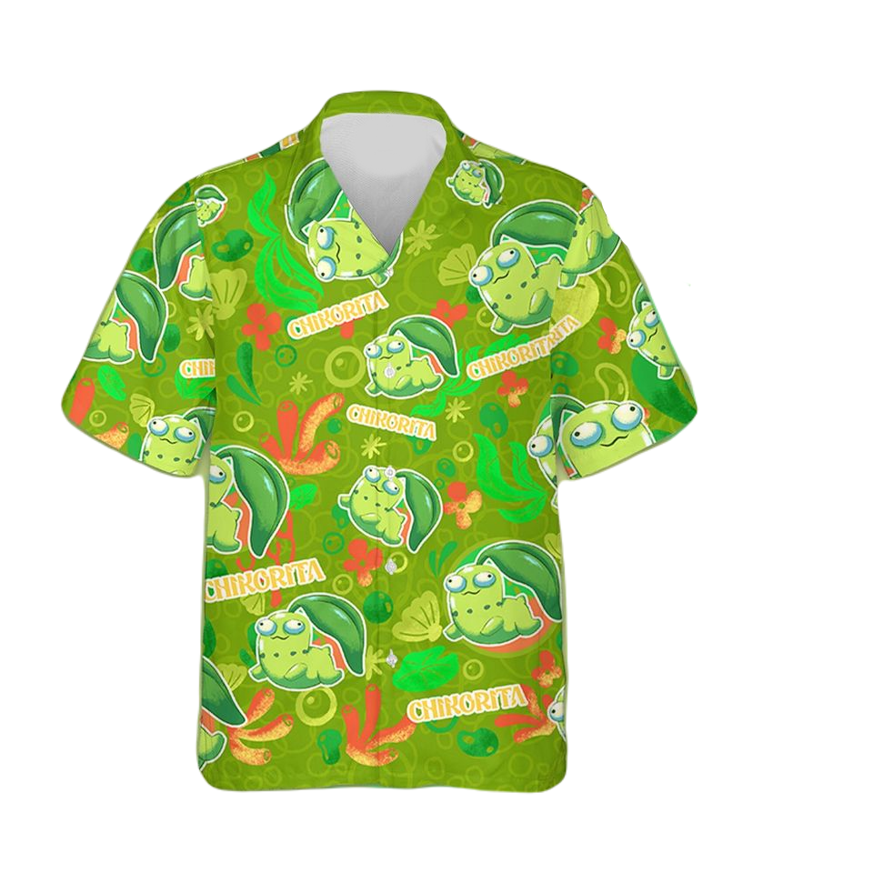 NoClaws Pokemon Hawaii Shirt Pokemon Chikorita Graphic Pattern Aloha Shirt Green Unisex