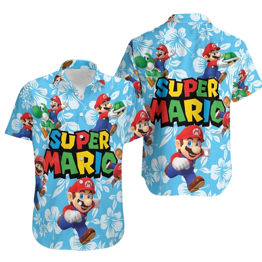 NoClaws Mario Hawaii Shirt Super Mario Tropical Flowers Pattern Aloha Shirt Blue White Unisex