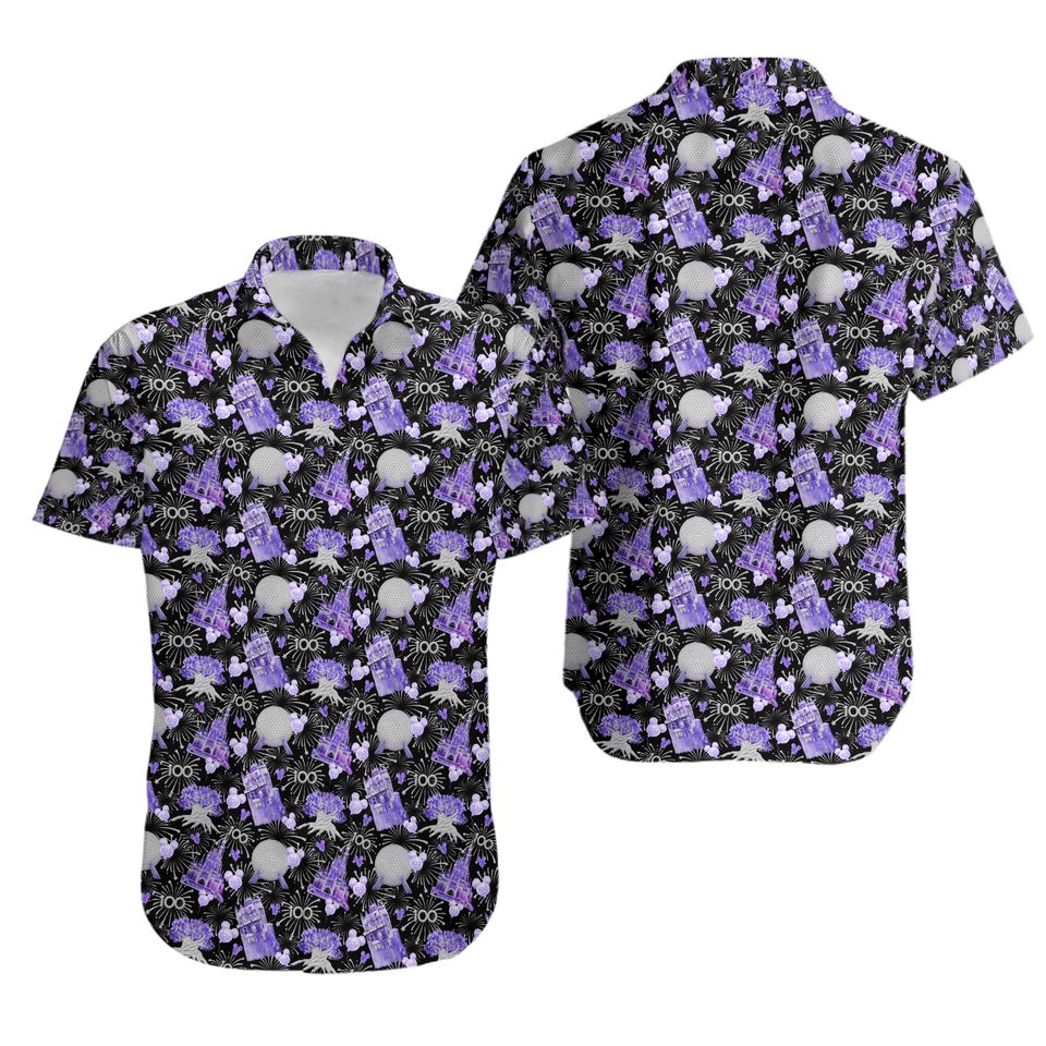 NoClaws Disney Hawaii Shirt Disney 100th Anniversary Pattern Hawaiian Shirt Black Purple Unisex
