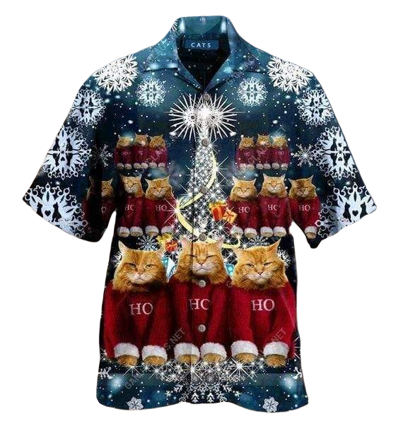 NoClaws Cat Hawaii Shirt Christmas Cat Ho Ho Ho Hawaiian Shirt Blue Red Unisex