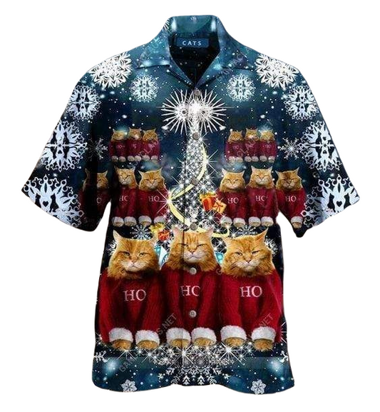 NoClaws Cat Hawaii Shirt Christmas Cat Ho Ho Ho Hawaiian Shirt Blue Red Unisex