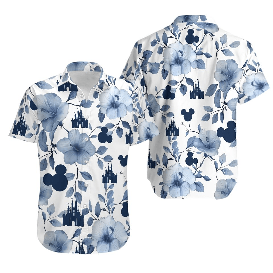 NoClaws Disney Hawaii Shirt Disney Castle Mouse Head Flower Pattern Hawaiian Shirt White Blue Unisex