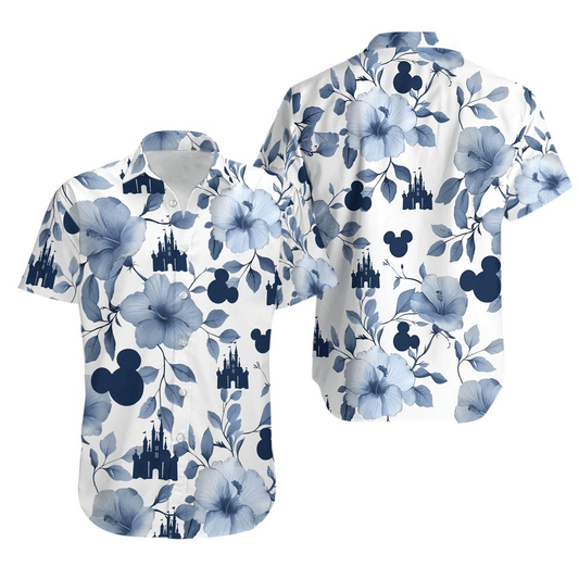 NoClaws Disney Hawaii Shirt Disney Castle Mouse Head Flower Pattern Hawaiian Shirt White Blue Unisex