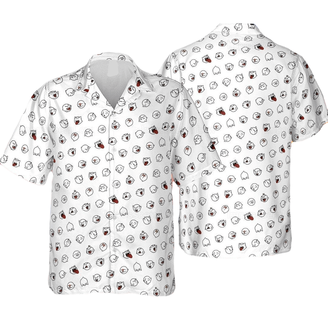 NoClaws Mario Hawaii Shirt Super Mario Boo Pattern Aloha Shirt White Unisex