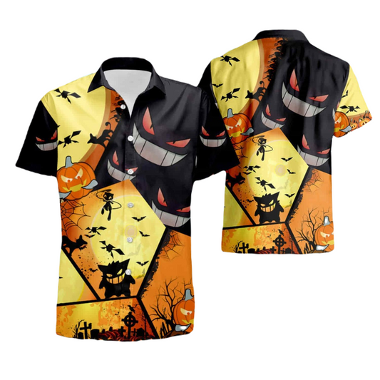 NoClaws NoClaws Pokemon Hawaii Shirt Pokemon Gengar Halloween Pattern Hawaiian Shirt Black Orange Unisex