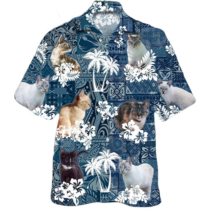 NoClaws Cat Hawaii Shirt Cat Graphic Polynesian Tribal Pattern Hawaiian Shirt Blue White Unisex