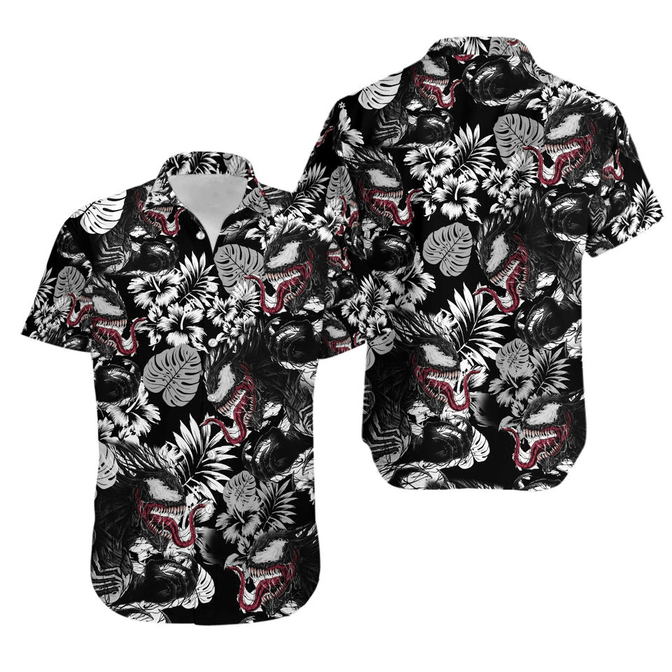 Venom Hawaii Shirt Disney Venom Face Tropical Hibiscus Pattern Hawaiian Shirt Black Unisex