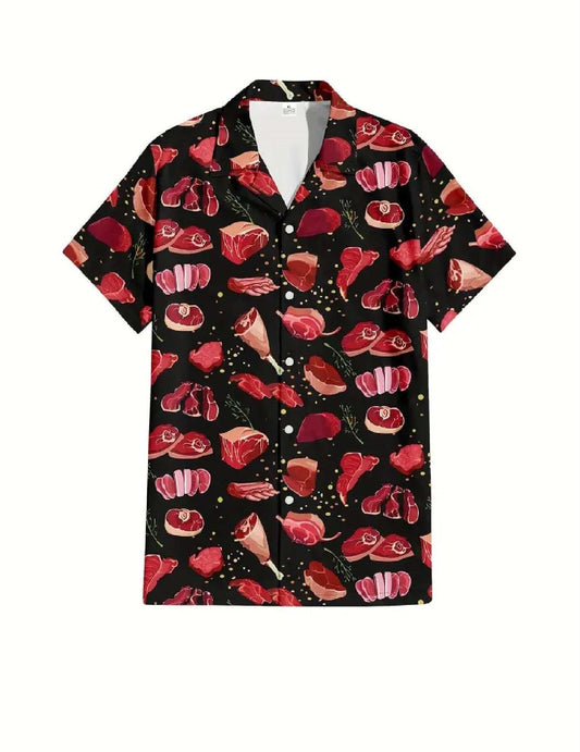 NoClaws Funny Hawaii Shirt Funny All Types Of Meat Pattern Hawaiian Shirt Black Red Unisex