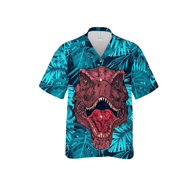NoClaws Dinosaur Hawaii Shirt T-Rex Dinosaur Face Tropical Leaves Pattern Hawaiian Shirt Blue Red Unisex