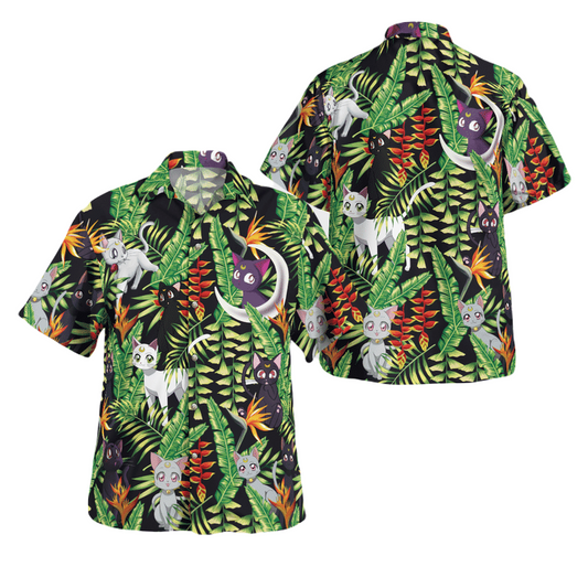 NoClaws NoClaws Sailor Moon Hawaii Shirt Luna And Artemis Tropical Pattern Hawaiian Shirt Black Green Unisex