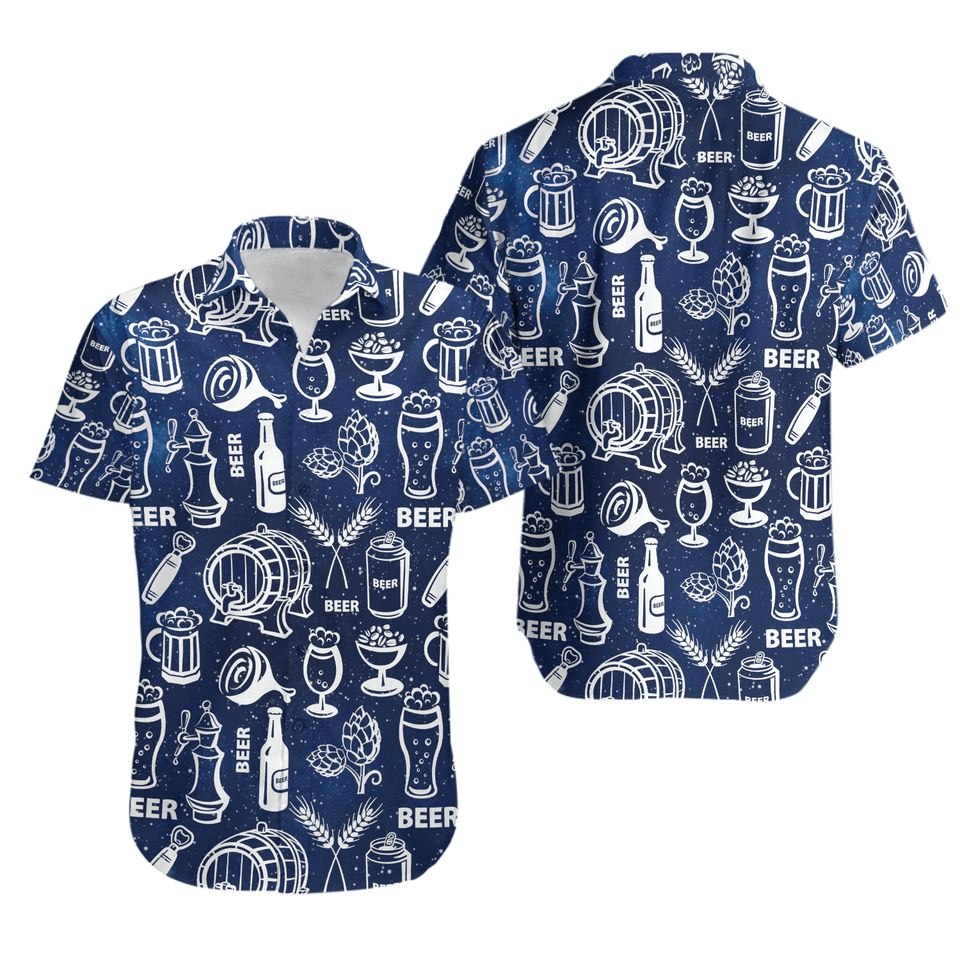 NoClaws Beer Hawaii Shirt Beer Can Bottle Glass Barrel Pattern Hawaiian Shirt Blue Unisex