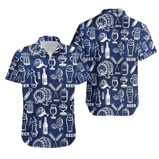 NoClaws Beer Hawaii Shirt Beer Can Bottle Glass Barrel Pattern Hawaiian Shirt Blue Unisex