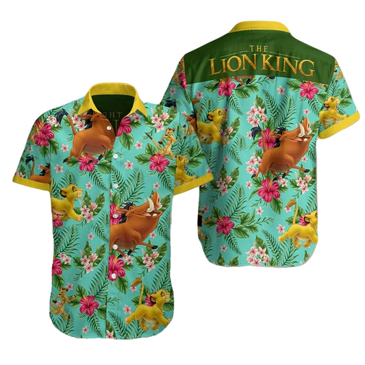 Lion King Hawaii Shirt Disney Simba Pumba Timon Tropical Flower Pattern Hawaiian Shirt Yellow Green Unisex