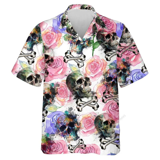 NoClaws Skull Hawaii Shirt Skull Crossed Bones Watercolor Roses Hawaiian Shirt Colorful Unisex