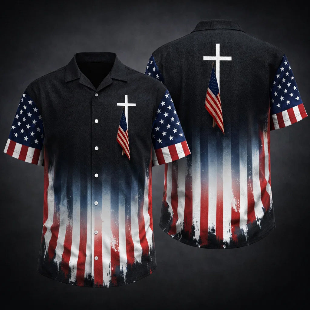Christian USA Flag Hawaiian Shirt Cross Patriotic American Faith Shirt