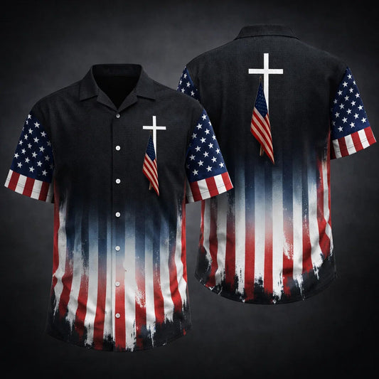 Christian USA Flag Hawaiian Shirt Cross Patriotic American Faith Shirt