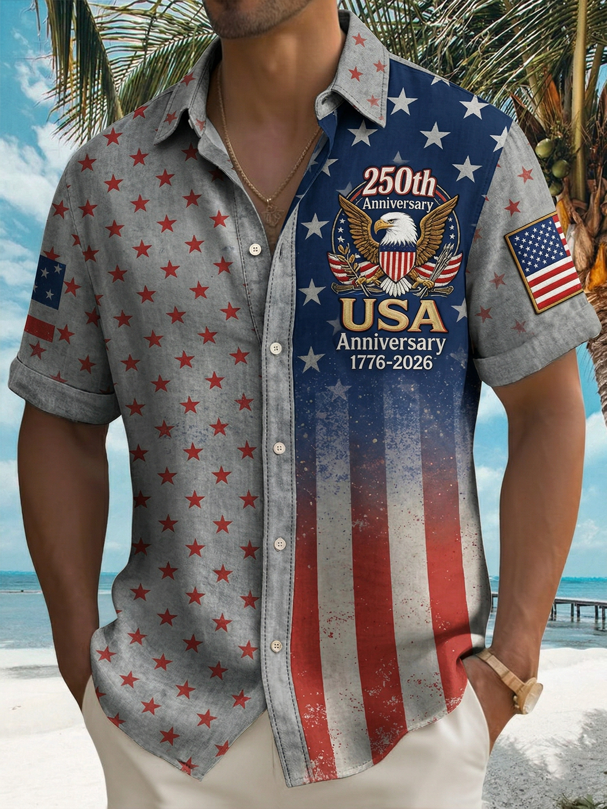 Alohadaddy® Men's Vintage 250th Anniversary Distressed Denim Eagle Shield Print Button Down Short-Sleeve Big & Tall