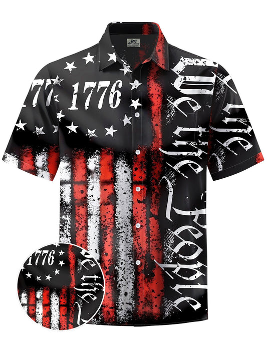 Alohadaddy® Independence Day Flag Printed Pockets Stretch Large Size Men's Short Sleeve Shirt