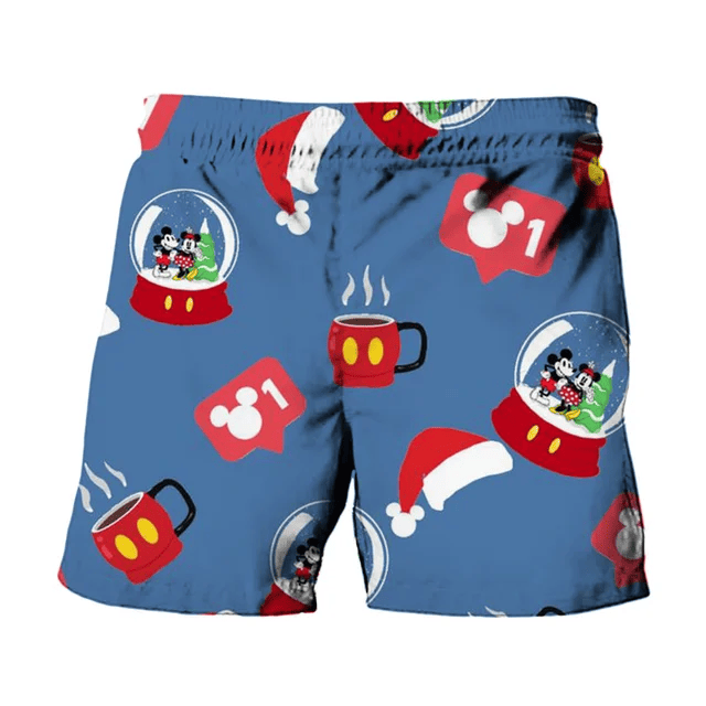 Disney Shorts Mickey Mouse and Minnie Snow Globe Christmas Hat Pattern Beach Shorts Blue Red