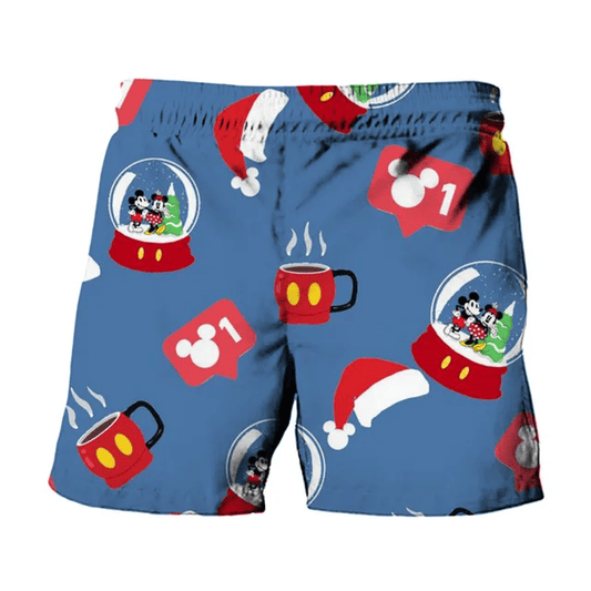 Disney Shorts Mickey Mouse and Minnie Snow Globe Christmas Hat Pattern Beach Shorts Blue Red
