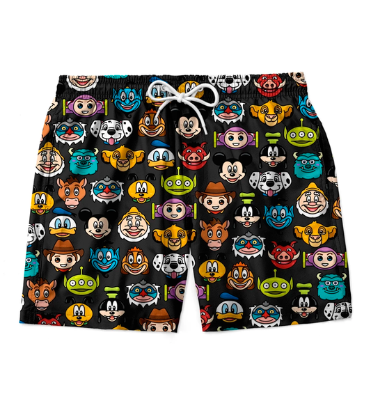 Disney Shorts Disney Characters Chibi Emoji Pattern Beach Shorts Colorful