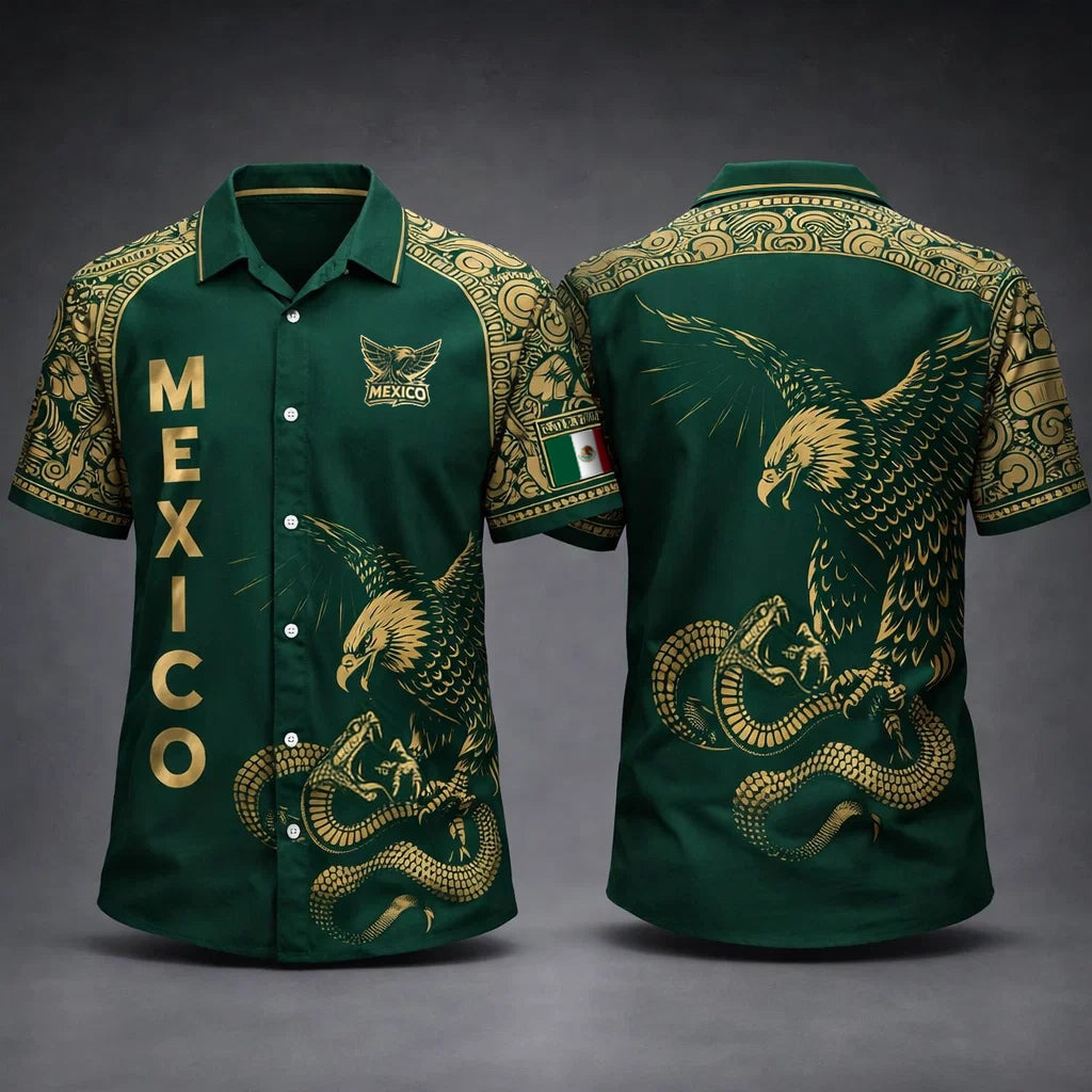 Mexico Eagle Snake Hawaiian Shirt, Aztec Mexican Pride Aloha Shirt, Green Vintage Style Shirt