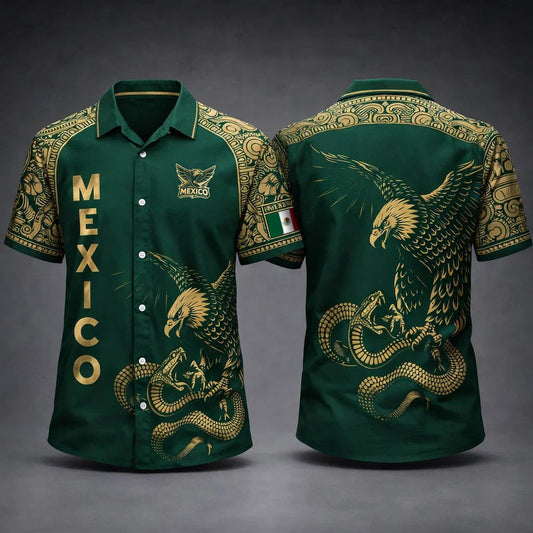 Mexico Eagle Snake Hawaiian Shirt, Aztec Mexican Pride Aloha Shirt, Green Vintage Style Shirt