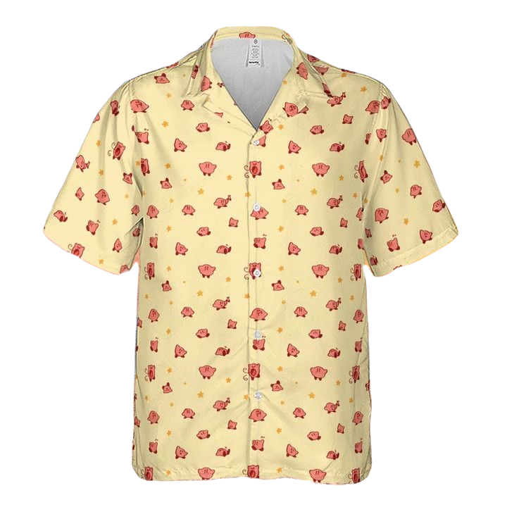 NoClaws NoClaws Kirby Hawaii Shirt Chibi Cute Kirby Poses Pattern Hawaiian Shirt Yellow Unisex