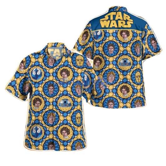 NoClaws Star Wars Hawaii Shirt Star Wars Characters Stained Glass Pattern Hawaiian Shirt Blue Yellow Unisex