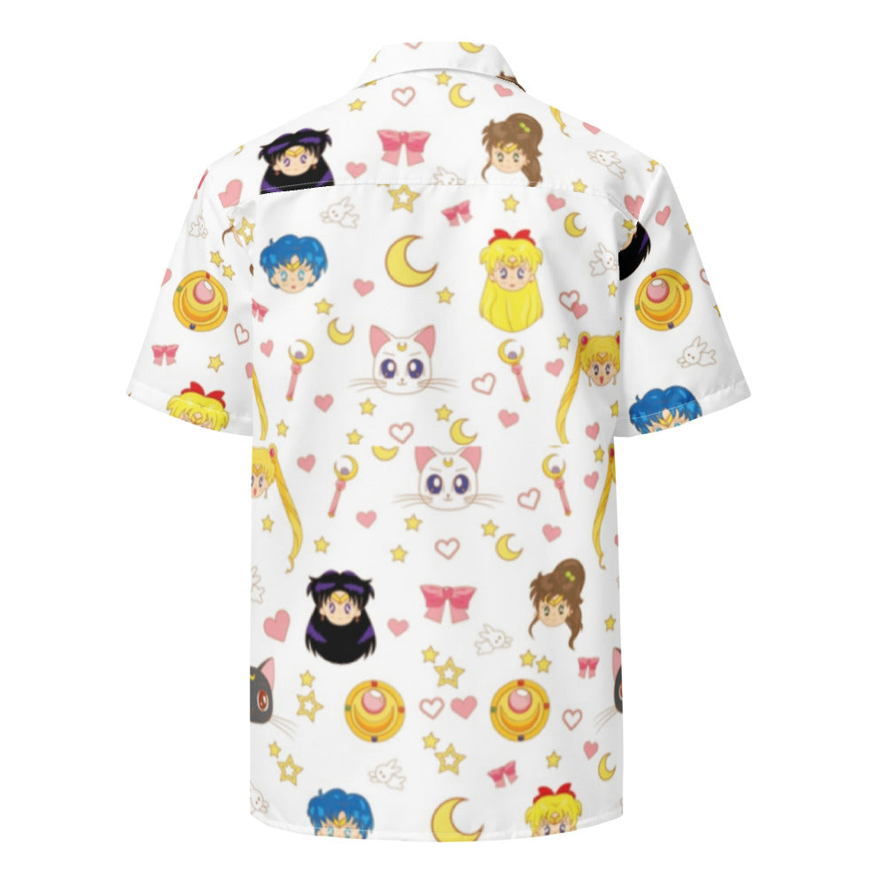 NoClaws NoClaws Sailor Moon Hawaii Shirt Chibi Sailor Moon Members Pattern Hawaiian Shirt White Unisex