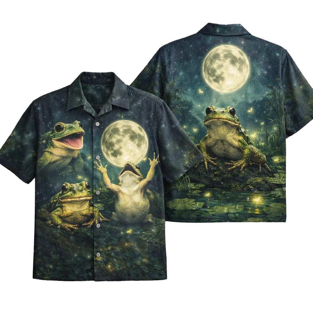 Frog Moon Hawaiian Shirt, Cute Night Frog Aloha Shirt, Fantasy Nature Shirt