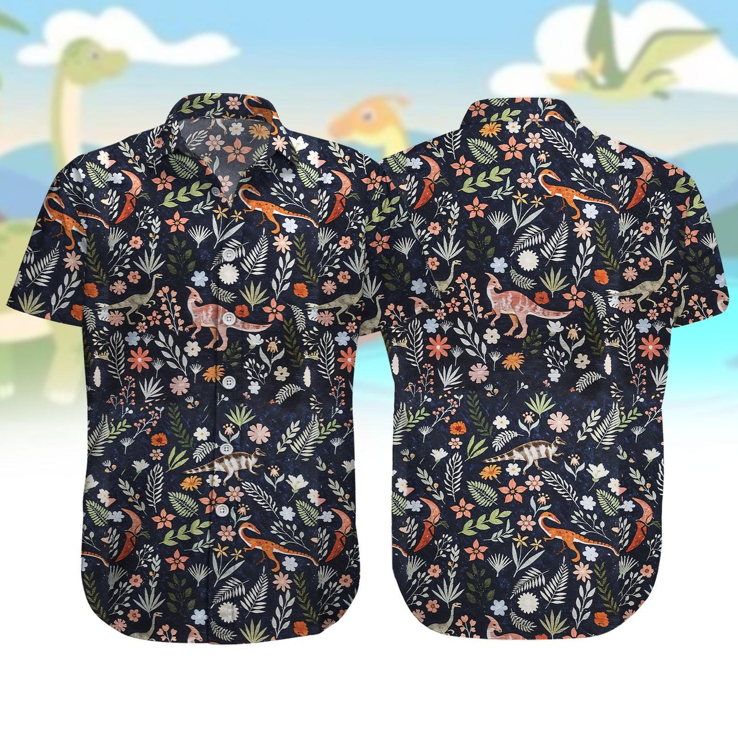 Dinosaur Floral Button Up Shirt, Animal Tropical Vacation Hawaiian Shirt