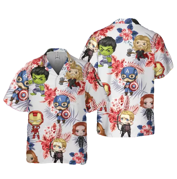 NoClaws NoClaws Marvel Hawaii Shirt Marvel Avengers Chibi Original Six Heroes Hawaiian Shirt Colorful Unisex