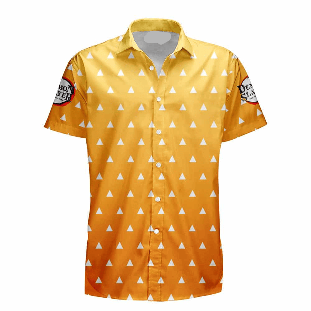 NoClaws NoClaws Demon Slayer Hawaii Shirt Demon Slayer Zenitsu Haori Pattern Hawaiian Shirt Orange Unisex
