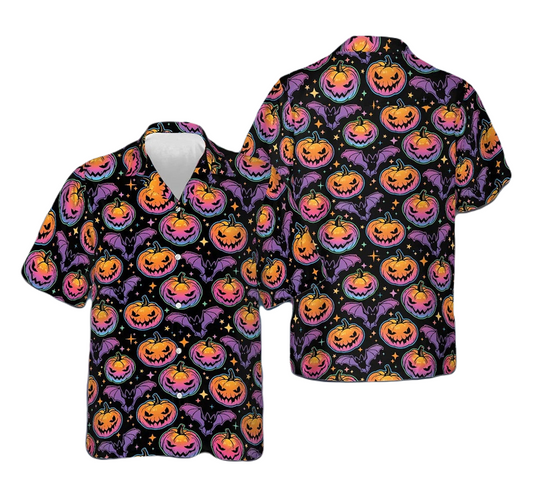 NoClaws Halloween Hawaii Shirt Pumpkin And Bat Halloween Pattern Hawaiian Shirt Purple Orange Unisex
