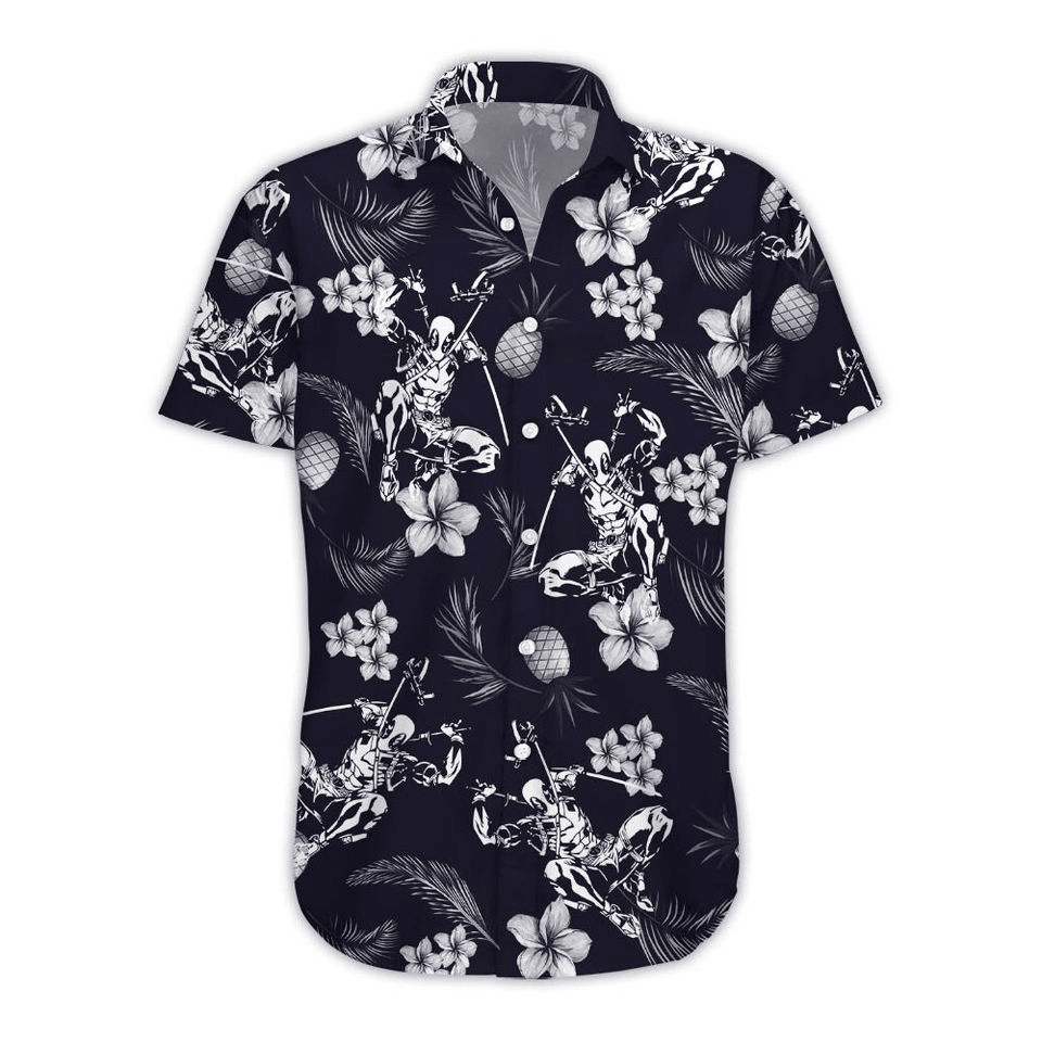NoClaws NoClaws Deadpool Hawaii Shirt Marvel Deadpool Tropical Pineapples Flowers Pattern Hawaiian Shirt Black Unisex