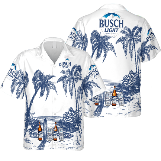 NoClaws Busch Light Hawaii Shirt Tropical Beach Palm Tree Busch Light Aloha Shirt White Blue Unisex Adults New Release