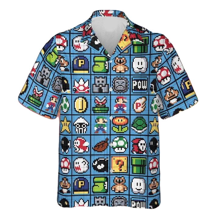NoClaws Mario Hawaii Shirt Super Mario 8Bit Game Items Pattern Aloha Shirt Blue Unisex