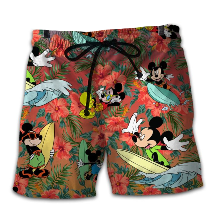 Mickey Mouse Shorts Surfboarding Mickey Mouse Palm Tree Beach Summer Tropical Beach Shorts Red