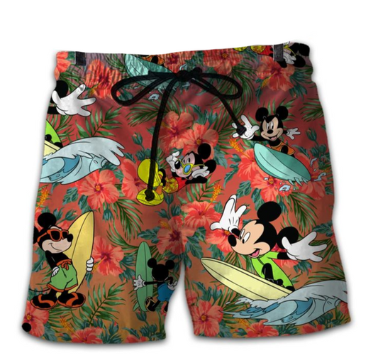 Mickey Mouse Shorts Surfboarding Mickey Mouse Palm Tree Beach Summer Tropical Beach Shorts Red