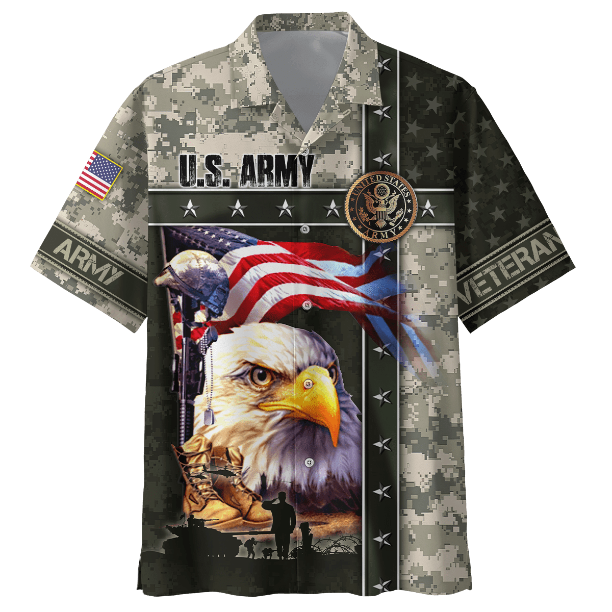 NoClaws Veteran Hawaii Shirt US Army Veteran Memorial Day Hawaiian Shirt Green Gray Unisex