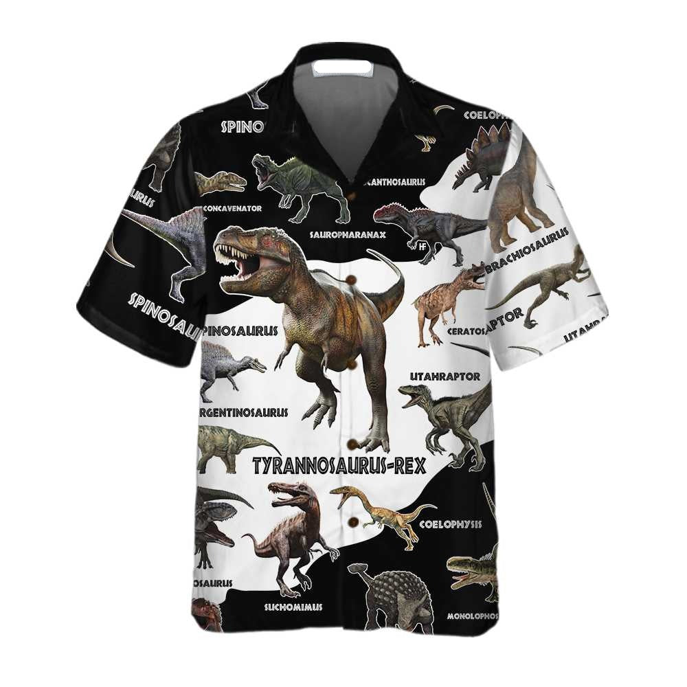 NoClaws Dinosaur Hawaii Shirt All Types Of Dinosaur Names Pattern Hawaiian Shirt Black White Unisex