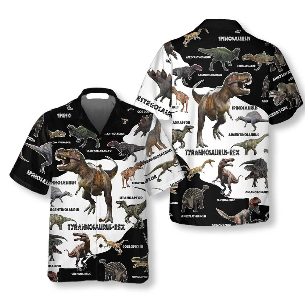 NoClaws Dinosaur Hawaii Shirt All Types Of Dinosaur Names Pattern Hawaiian Shirt Black White Unisex
