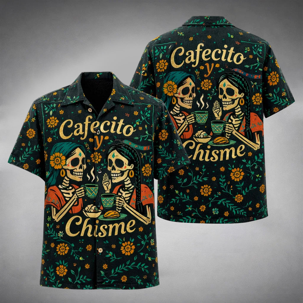 Cafecito y Chisme Hawaiian Shirt, Funny Skeleton Coffee Aloha Shirt, Mexican Sugar Skull Shirt
